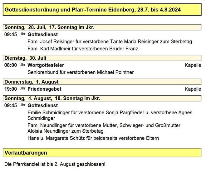 Pfarre Eidenberg - Verkündzettel 20240727